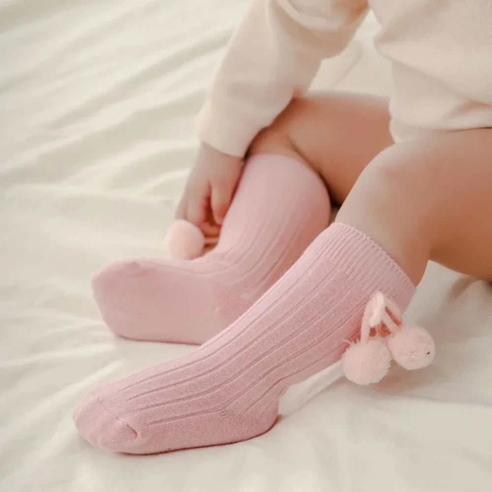 Baby Socks Solid Cotton Soft Long Princess Socks with Cute Pom-Pom Bow Decor Boy Girls Stretchy Warm Cozy Casual Socks Stockings