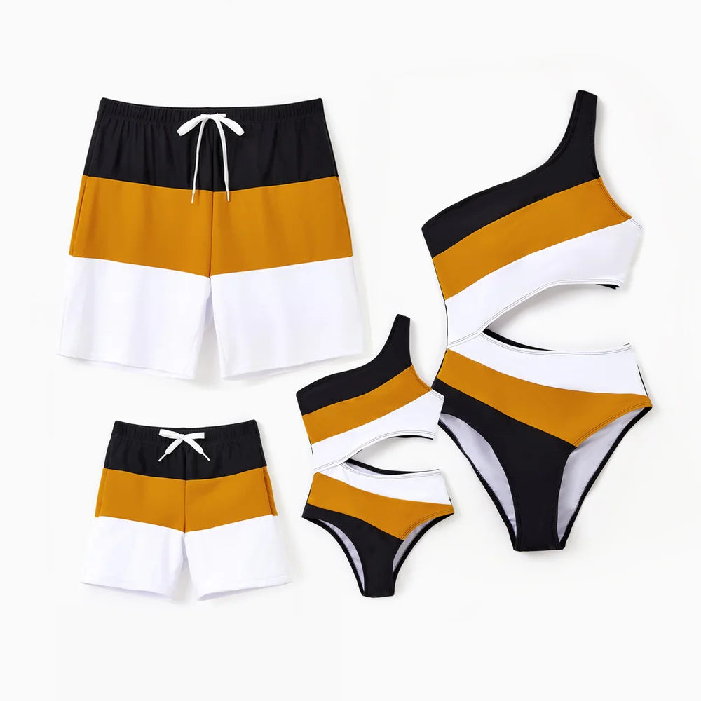 Family Matching Colorblock Swim Trunks Shorts or Cut Out Waist One-Shoulder One-piece Swimsuit