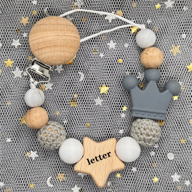 Custom Name Silicone Beads Wooden Ring Pacifier Clips Safe Teething Chains Baby Teether Eco-friendly Dummy Beech Clips Holder