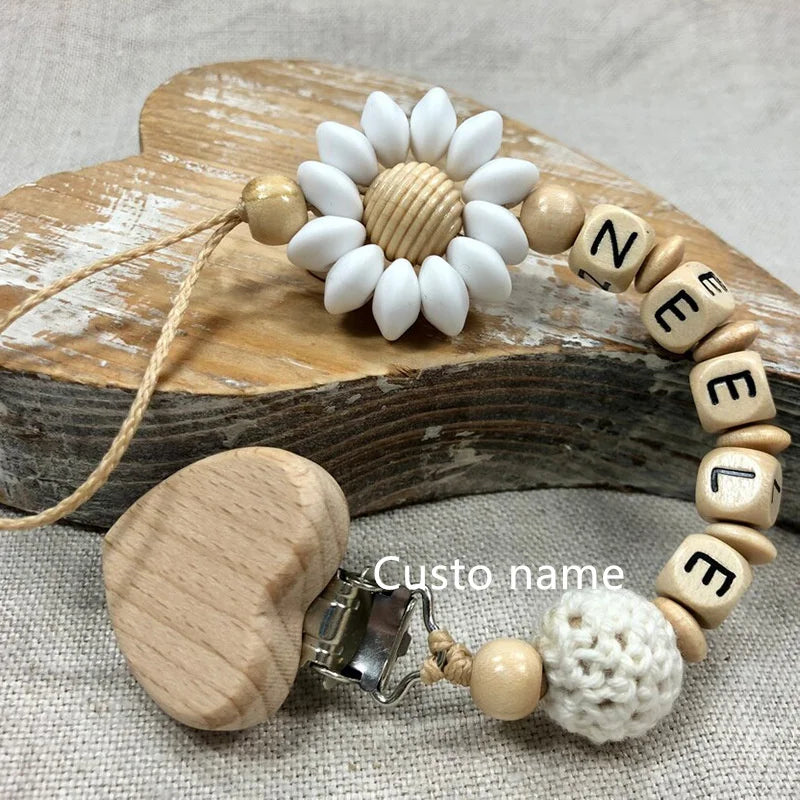 Custom Name Silicone Beads Wooden Ring Pacifier Clips Safe Teething Chains Baby Teether Eco-friendly Dummy Beech Clips Holder