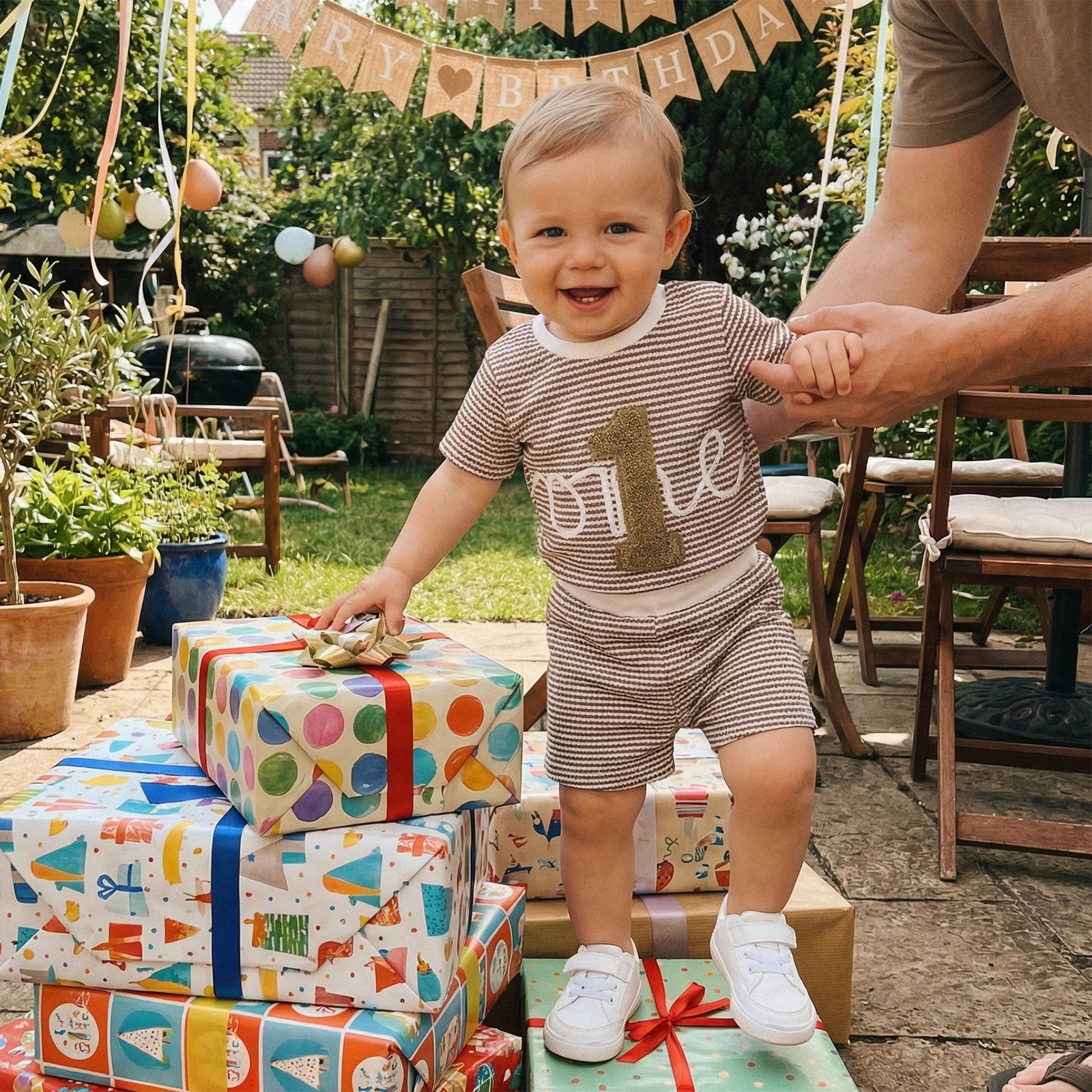 Baby Boys First Birthday Outfits Adorable Number Embroidery Striped Short Sleeve Round Neck Tops and Shorts Set