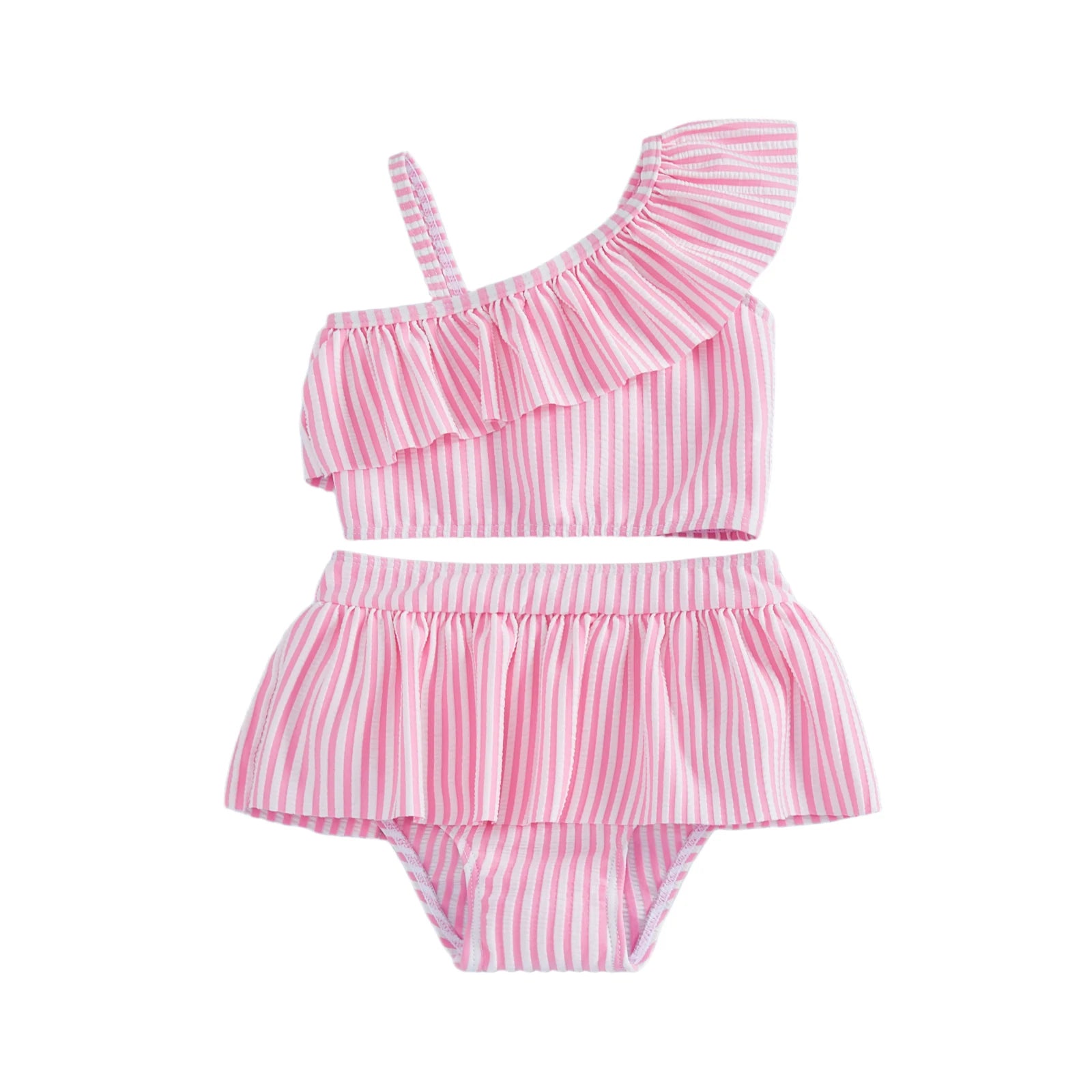  1-5Y Toddler Girls 2pcs Bikini Sets Kids Striped One Shoulder Asymmetric Swimsuit Ruffled Swimwear Summer Beach Bathing Suit