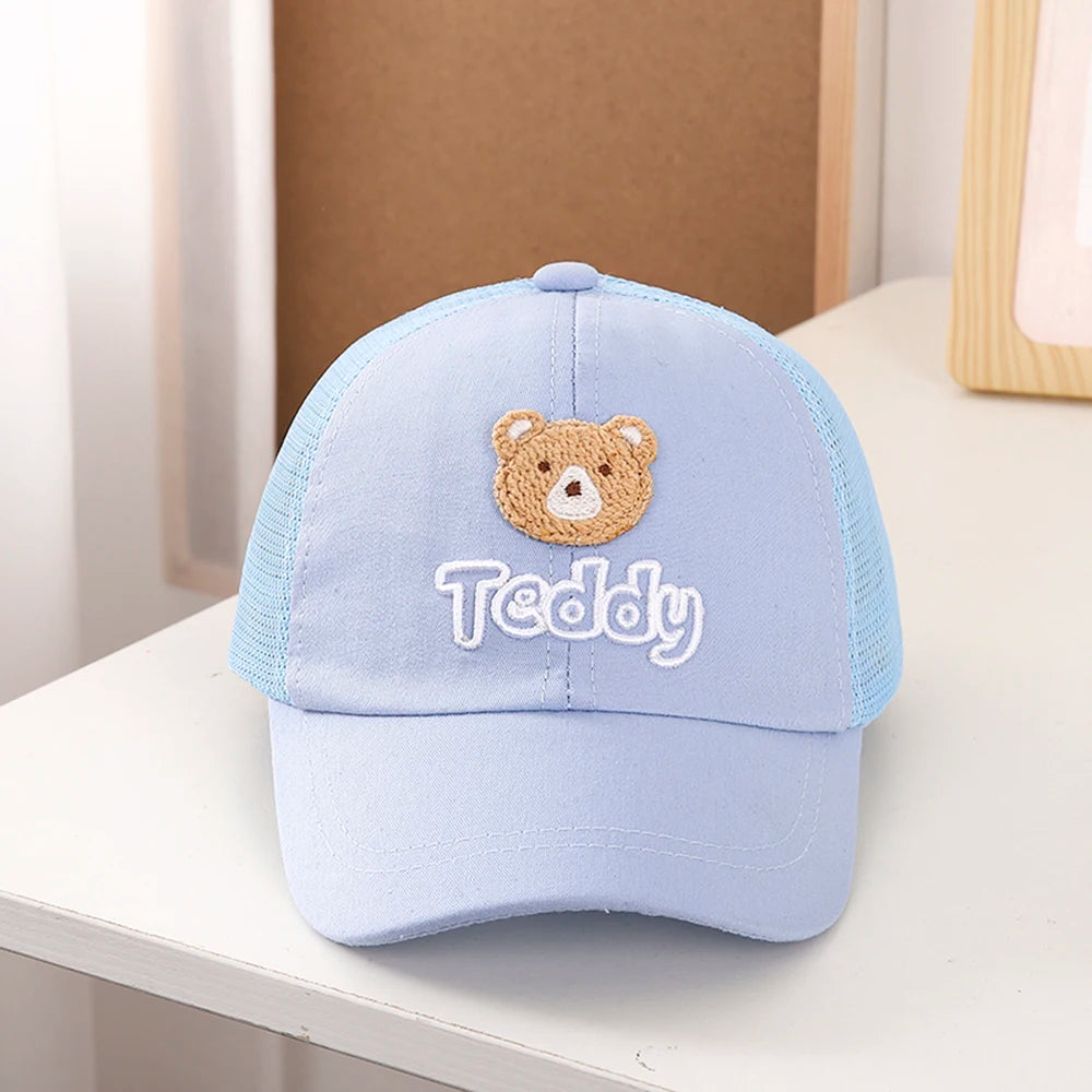 Kids Baseball Hat Mesh Breathable Cute Bear Embroidered Snapback Caps 1-6 Years Boys Girls Sunscreen Adjustable Peaked Cap