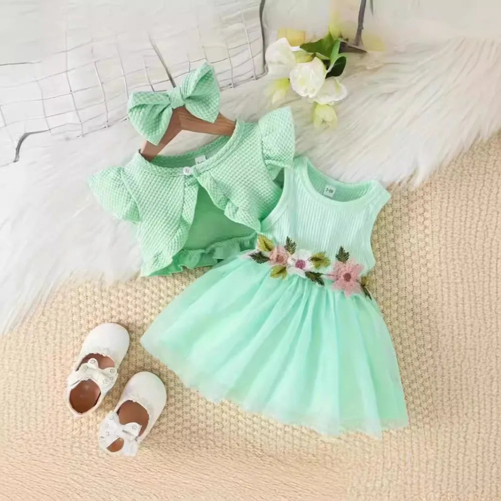 Solid Color Summer Style 1-3 Year Old Baby Girl Casual Clothes with Flower Embroidery Vest Dress+coat Set Korean Version