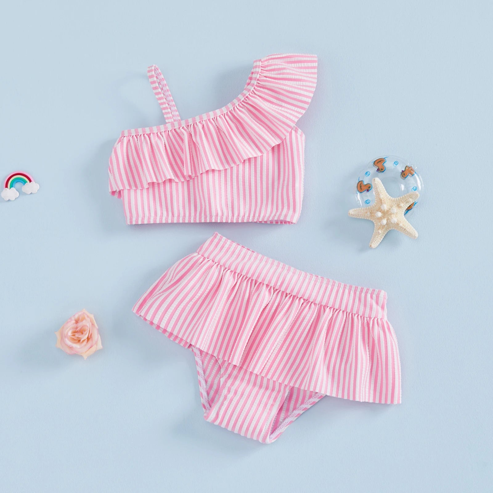  1-5Y Toddler Girls 2pcs Bikini Sets Kids Striped One Shoulder Asymmetric Swimsuit Ruffled Swimwear Summer Beach Bathing Suit