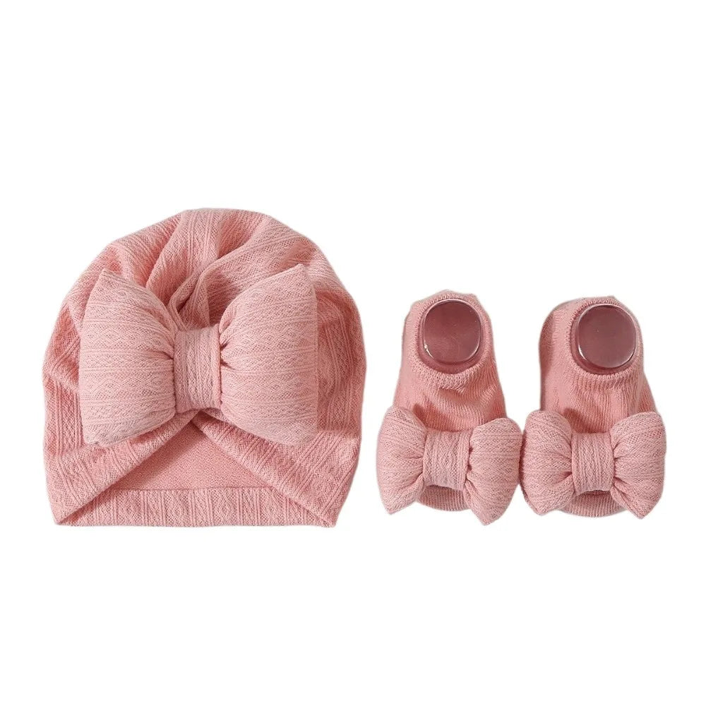3Pcs/Set Soft Bow Baby Hat Socks Set Cotton Solid Color Baby Fetal Cap 0-12 Months Windproof Newborn Turban Hat Toddler