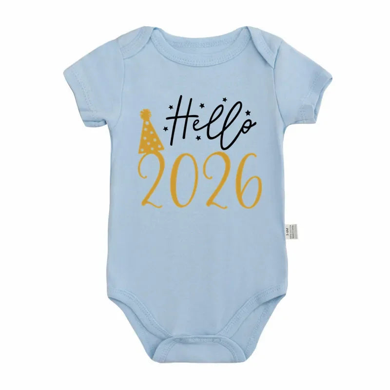 Hello 2026 Newborn Baby Bodysuit Cotton Short Sleeve Infant Rompers Body Baby Boys Girls New Year Ropa Clothes Christmas Gift