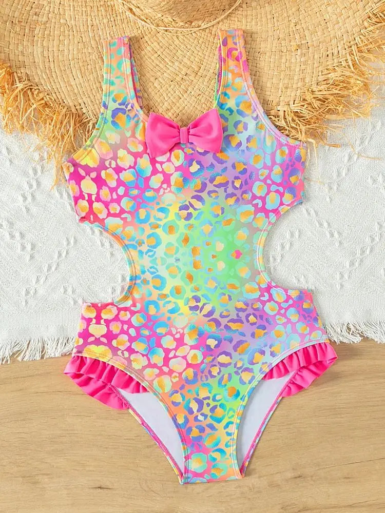 Bright and colorful girls swimwear with bow ruffle one-piece Bathing Suit Teen girls Summer Beach wear Swimming suit