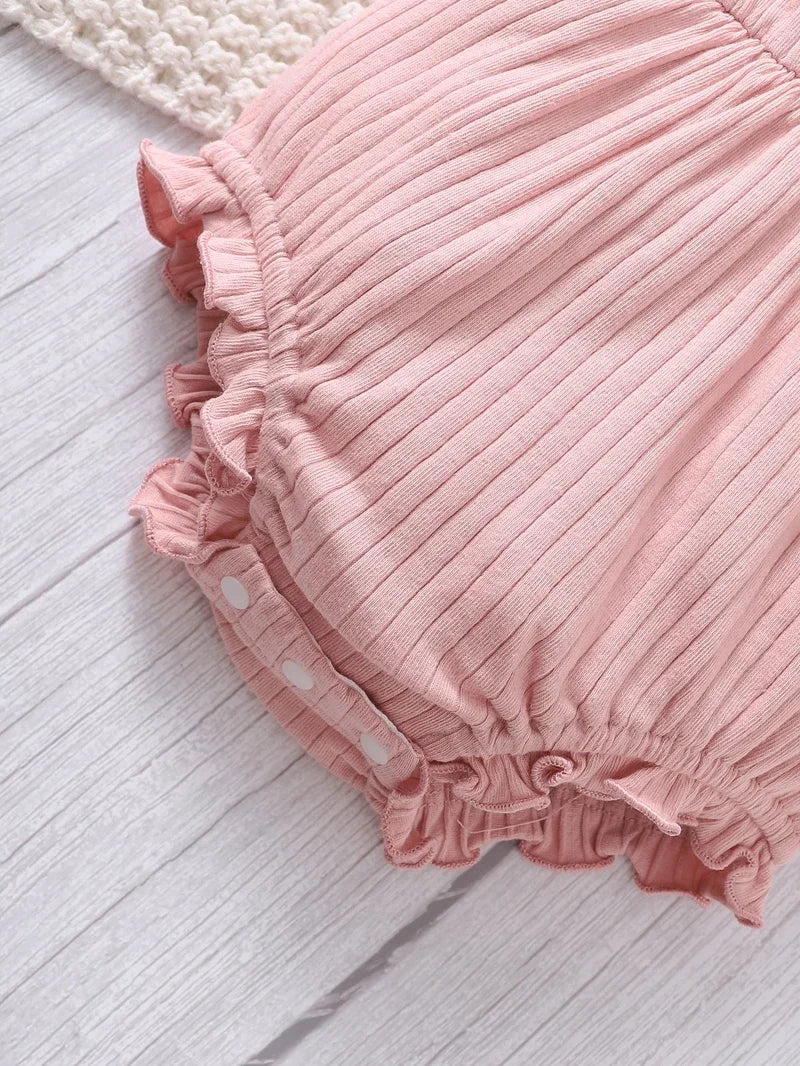 Newborn Baby Girl Bodysuit 0-9 Months Pink Cute Suspender Sleeveless Romper+Big Headband 2PCS Summer Clothes Set for Infant Girl