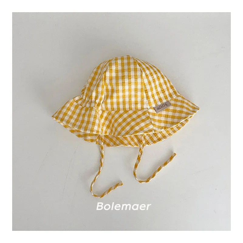 Wide Brim Summer Sun Hat For Baby Plaid Print Fisherman's Hat Children Cotton Bucket Cap For Boys Baby Girls Sunhat Kids Bonnet