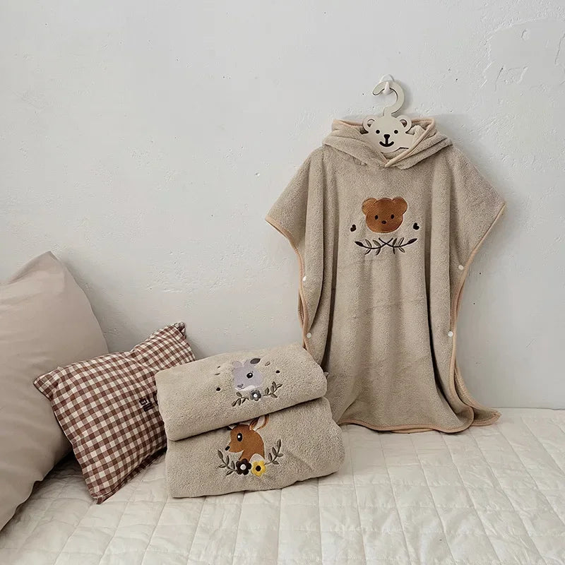 MILANCEL Baby Children's Hooded Bath Towels Baby Coral Fleece Cloaks Bathrobes Boys Girls Cartoon Embroidery Bath Towel
