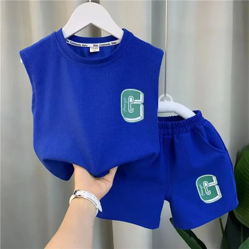 New Kids Boys Summer Vest Set New Fashionable Baby Net Red Clothes Boys and Children's Fashion Two Piece Set Kids Outfits