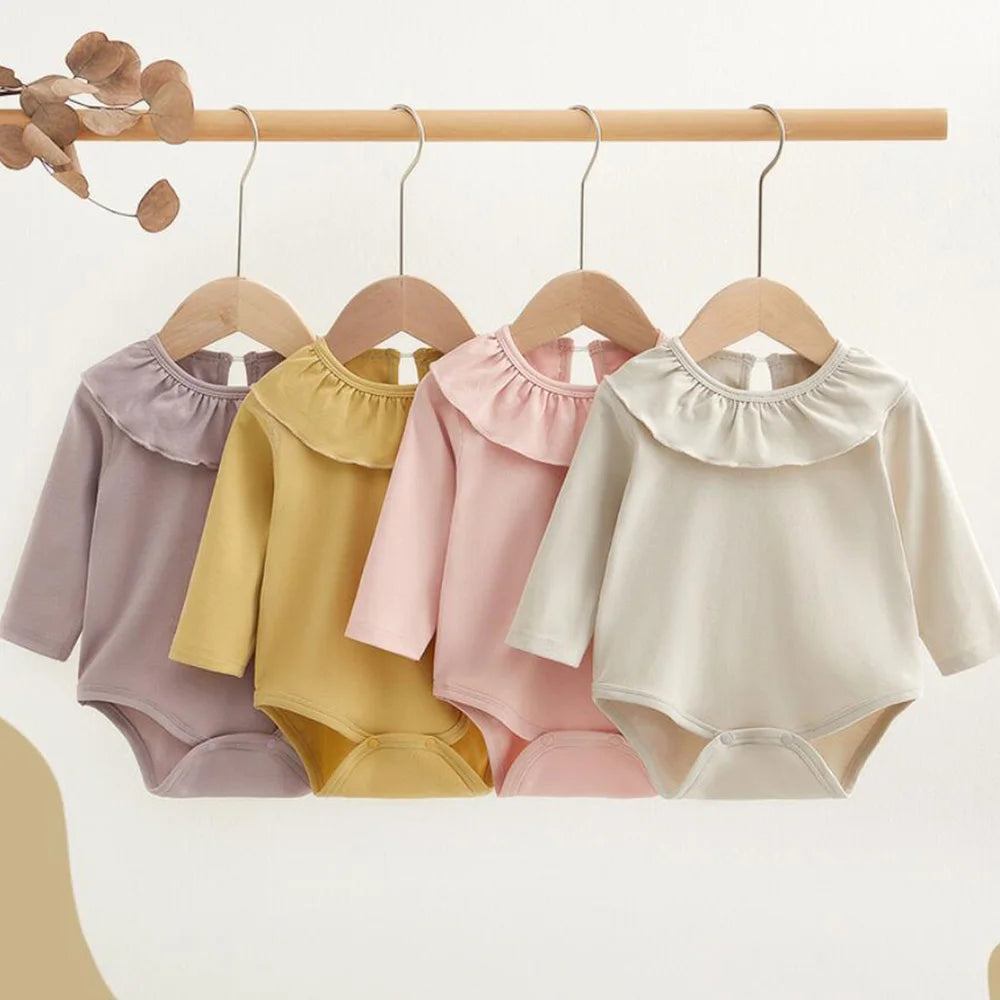 Newborn Baby Bodysuits Long Sleeve Solid Color Ruffles Spring Autumn 1st Birthday Infant Girl Romper Baby Clothes