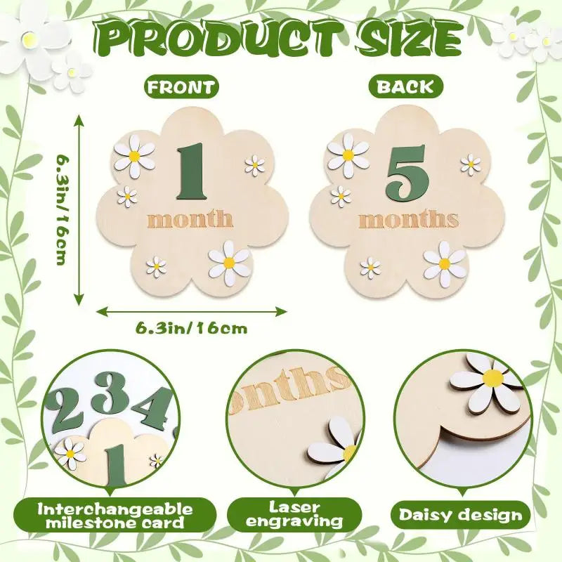 Z. Wooden Baby Monthly Milestone Cards Flowers Double Sides Number Month Girls Boys Newborn Photography Props Accessories