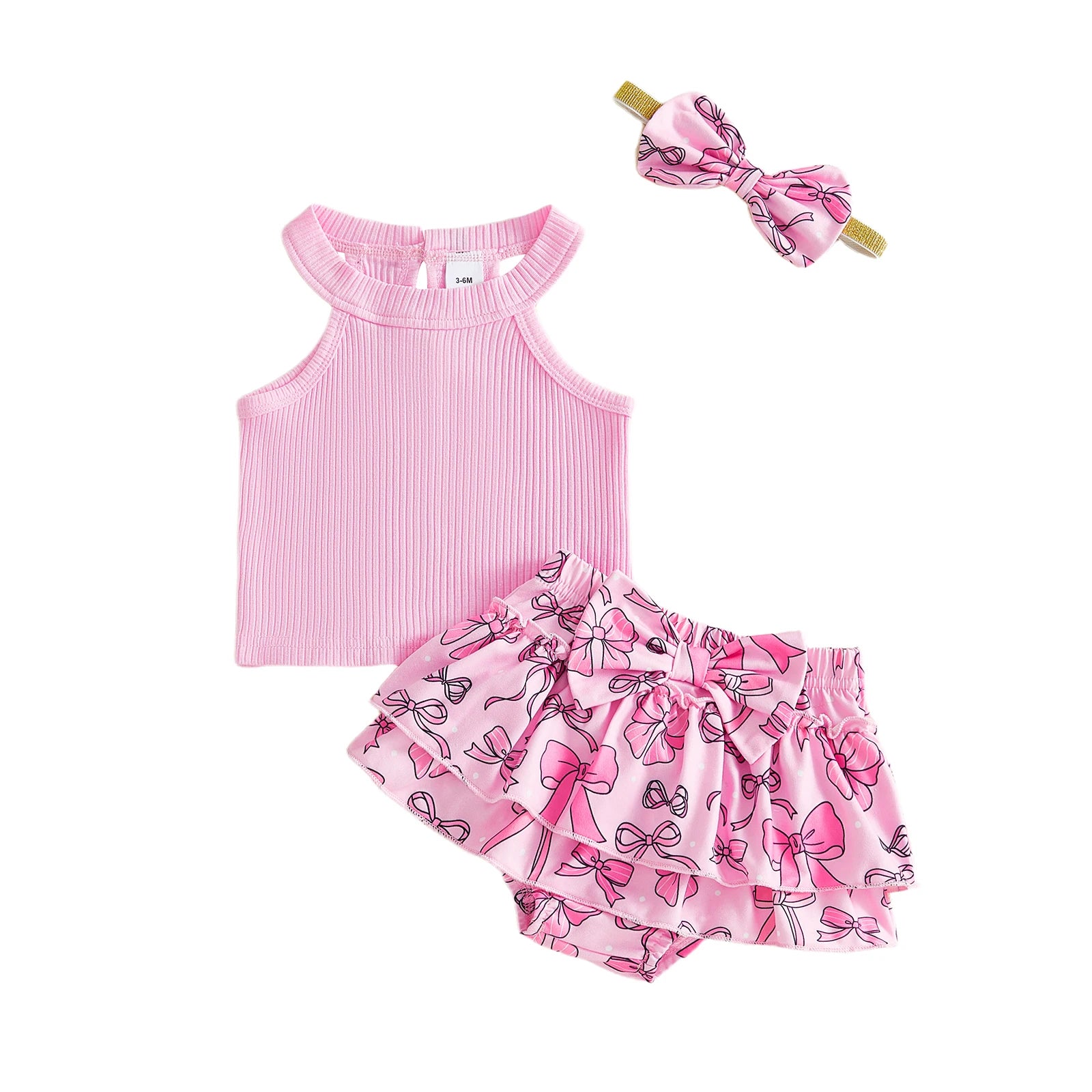 Baby Girl Summer Outfits Solid Color Sleeveless Tank Tops Bowknot Print Elastic Waist Ruffles Shorts Headband 3Pcs Clothes Set