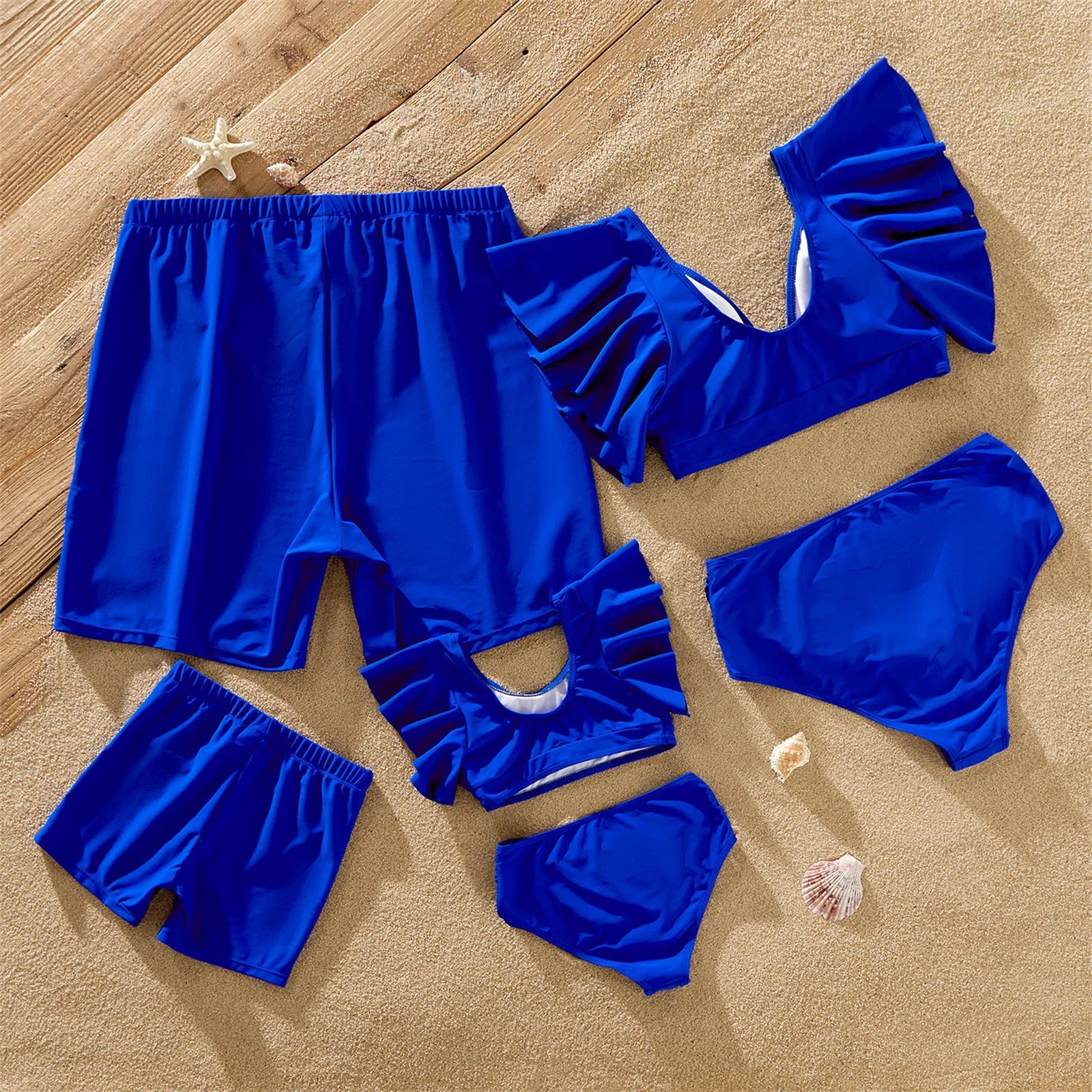 PatPat Family Matching Blue Ruffle Trim Two-piece Swimsuit and Letter Print Swim Trunks Suitable for Summer Season