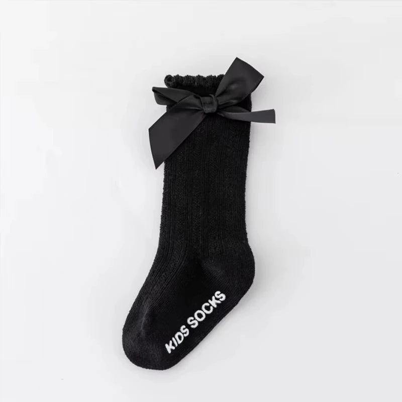 Bow Baby Long Socks Spring Autumn Kids Knit Stockings Non-slip Princess Girls Knee High Sock Solid Cotton Newborn Footwear 0-3Y