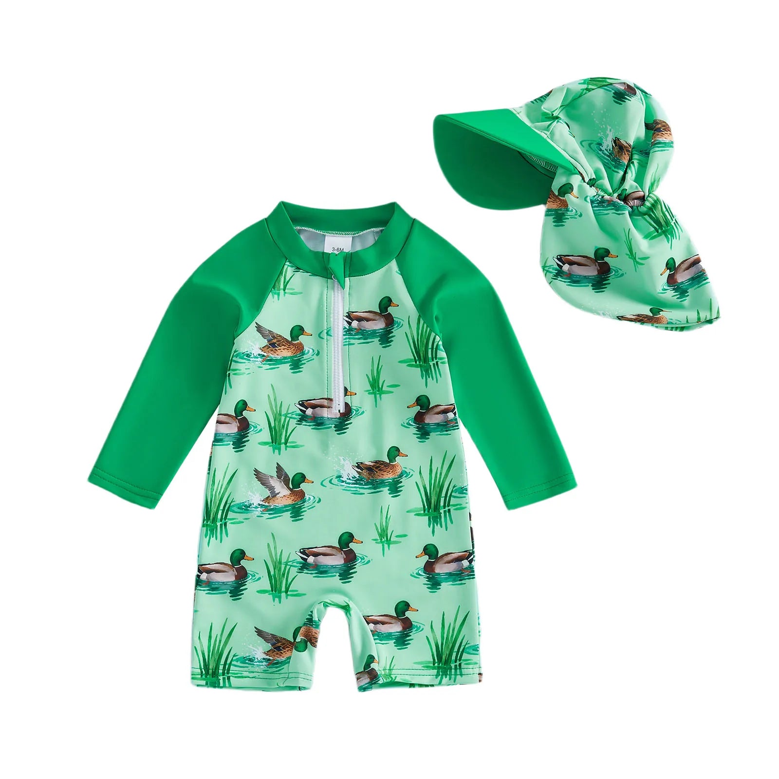 Toddler Baby Boy Rash Guard Swimsuits Cartoon Shark/Duck Print Long Sleeve Zip Up Bathing Suit with Sun Caps Summer Swimwear