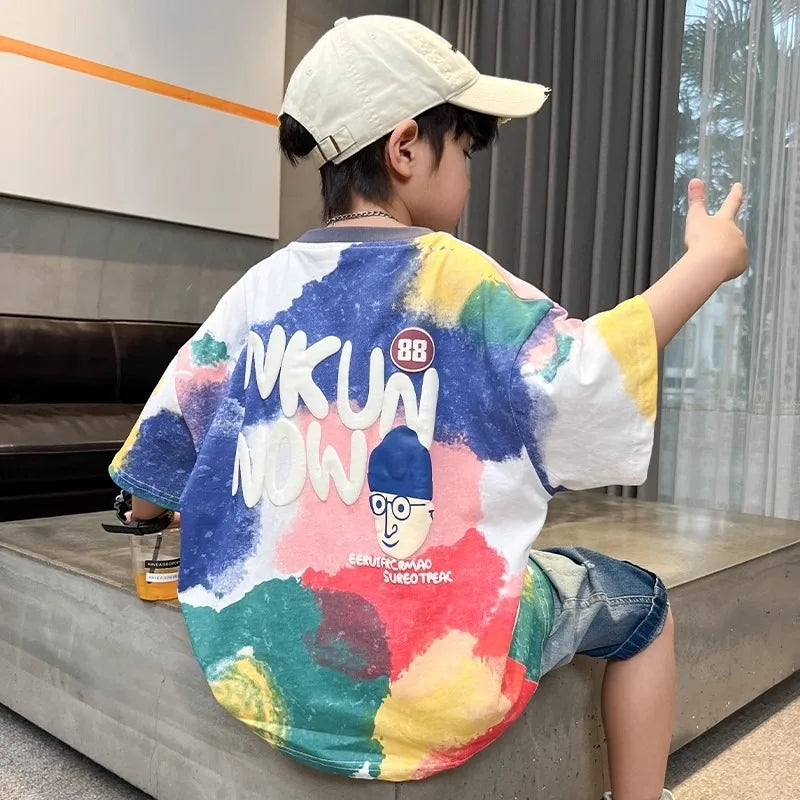 Summer Boys T-shirt High Quality Sweat Wicking Breathable Top Digital Spray Printed Children's Clothing High Street Kids Clothes