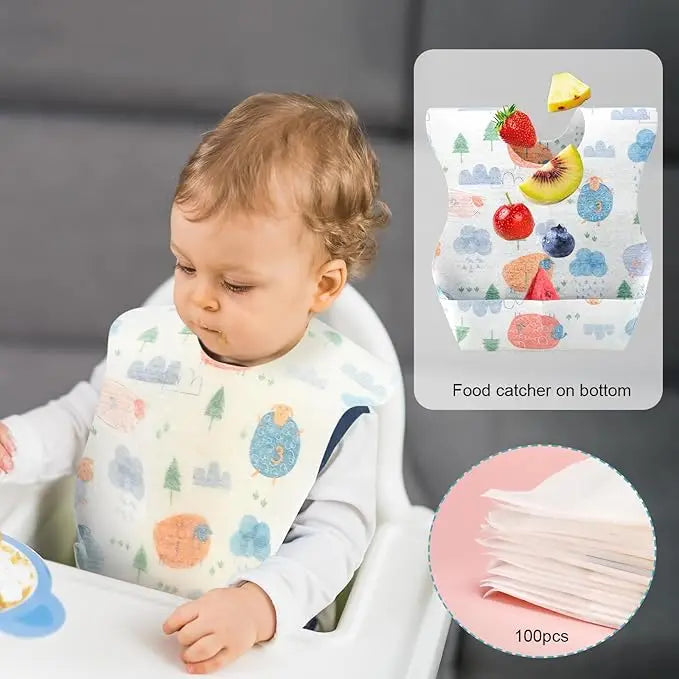 100Pcs Disposable Baby Bibs Individual Wrapped Travel Bibs Waterproof Food Catcher for Toddlers Girls Boys Feeding