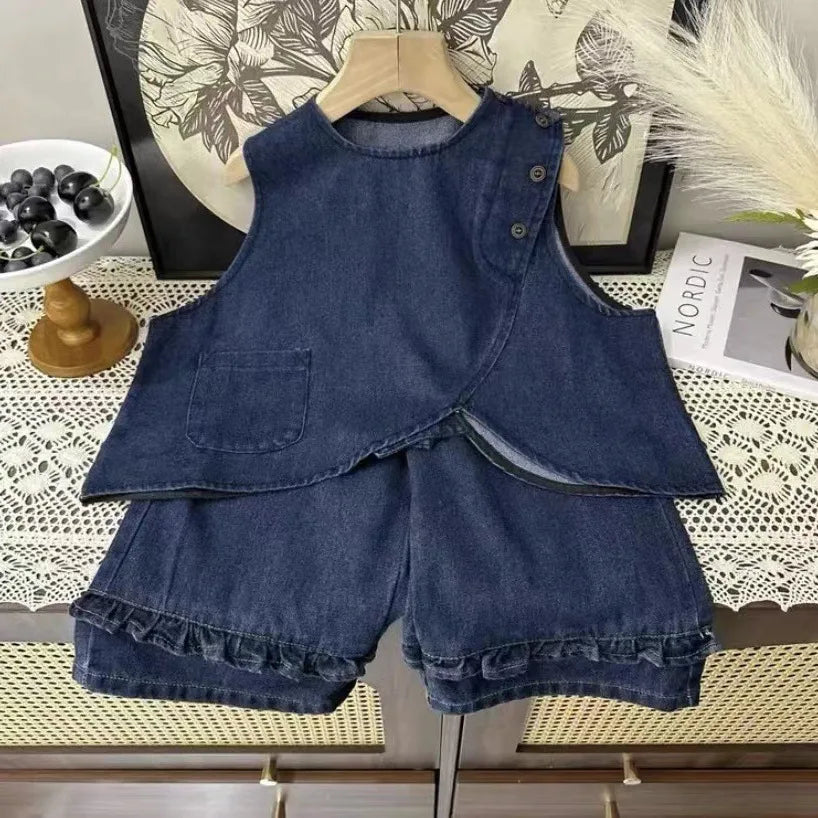 Korean Kids Girl 3PCS Clothing Autumn Children Girl Soft Solid Undershirt+Vest+Jeans Outfit Little Girl Wide Leg Pant Denim Suit
