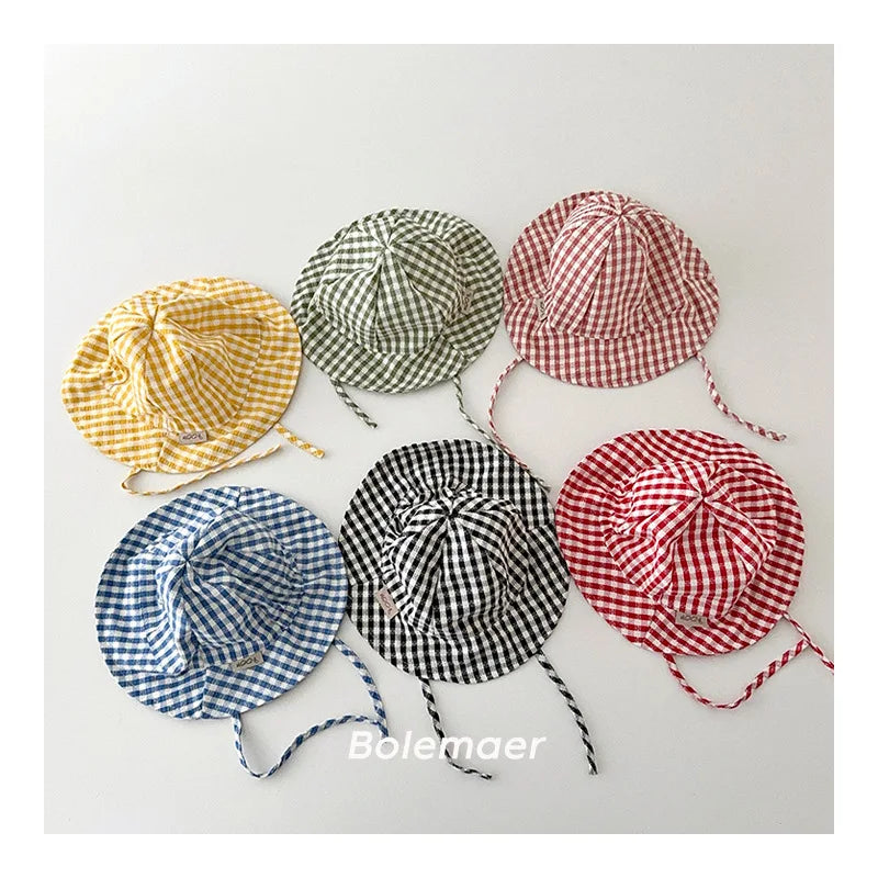 Wide Brim Summer Sun Hat For Baby Plaid Print Fisherman's Hat Children Cotton Bucket Cap For Boys Baby Girls Sunhat Kids Bonnet