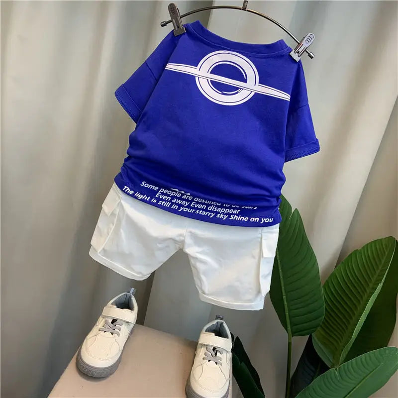 Korean Children's Clothes 2025 Summer Kids Clothes Boys Casual Suit Baby Outdoor Clothes T-shirt + Letter Shorts Two Pieces Set