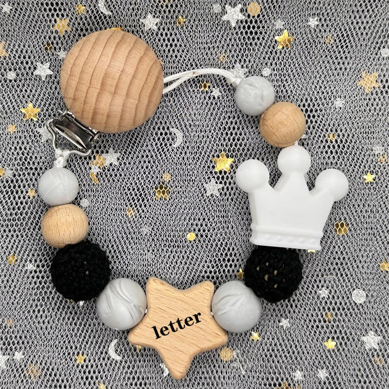 Custom Name Silicone Beads Wooden Ring Pacifier Clips Safe Teething Chains Baby Teether Eco-friendly Dummy Beech Clips Holder