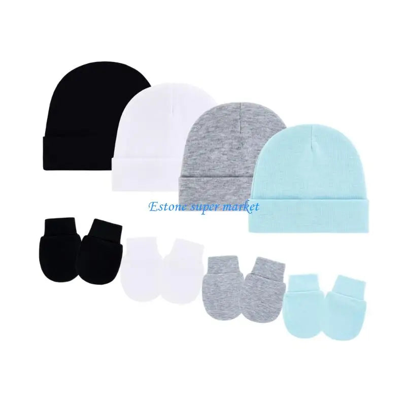 090B 4 Set Newborns Bonnet Cap and Mittens Machine Washable Baby Fetal Hat Gloves for 0 to 3 Month Soft Fabric Headgear