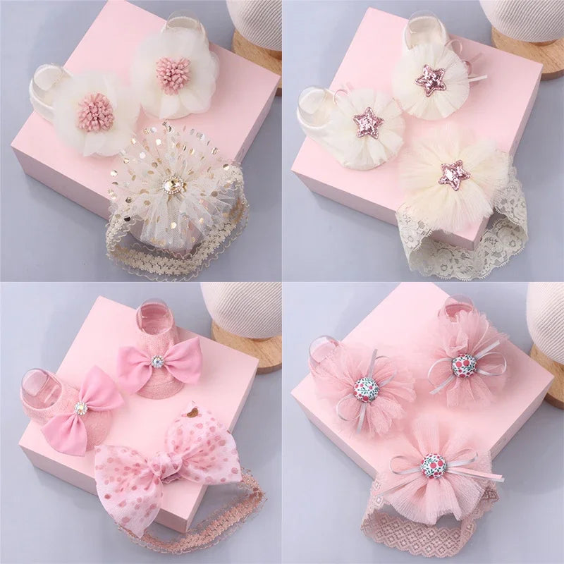 Baby Headband Socks Sets Sequin Bow Hairbands Pink Mesh Flower Newborn Boat Sock Princess Girls Headwear Kids Hair Accessories
