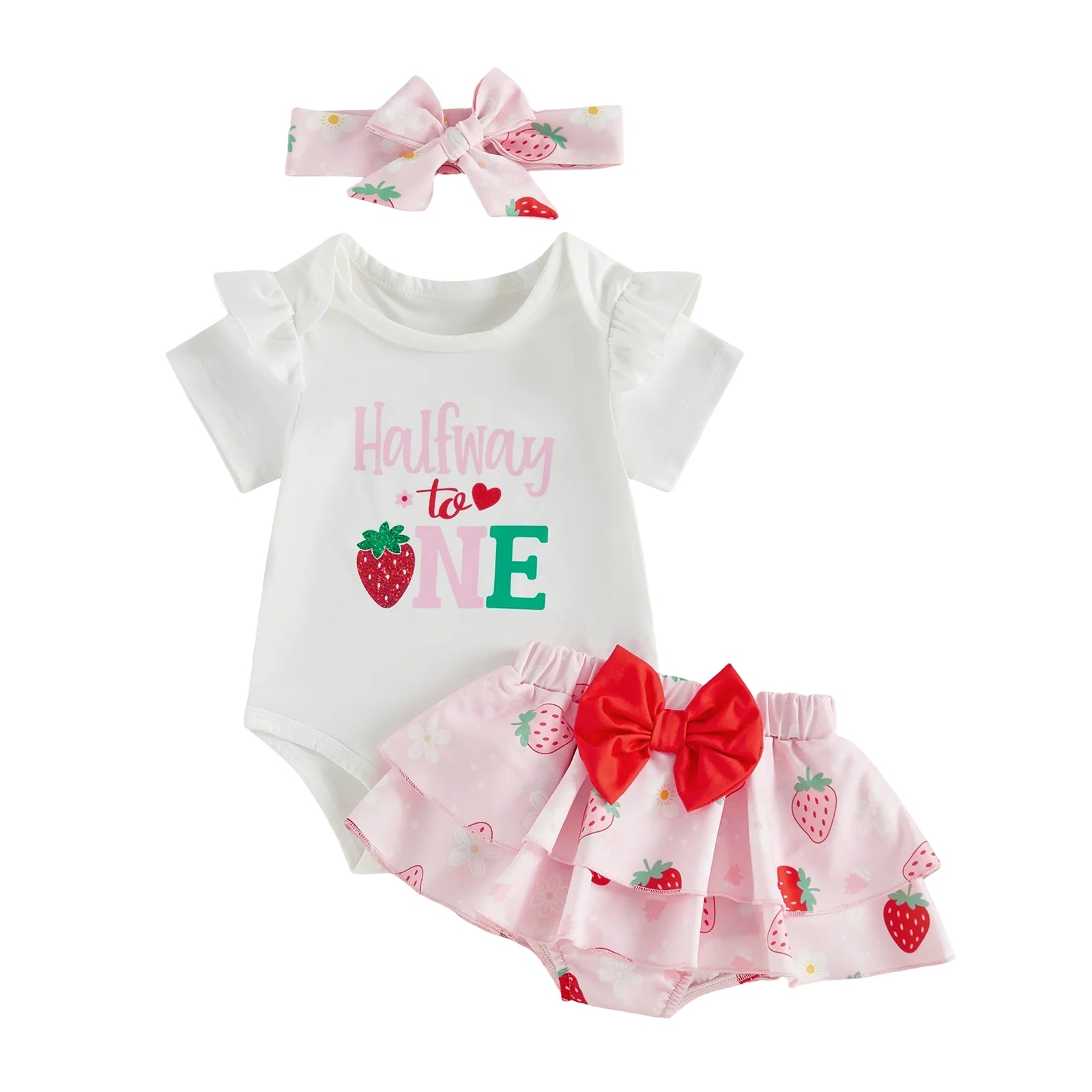 Summer Infant Girl Birthday Outfit Ruffle Short Sleeve Letters Print Romper Elastic Waist Skorts Headband Clothes