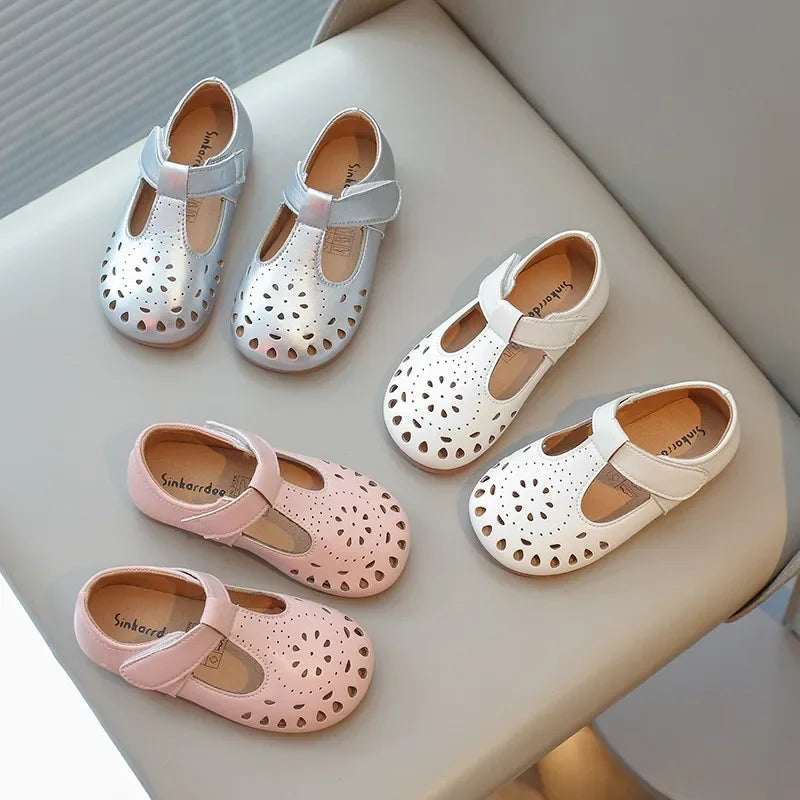 Baby Girls Dress Shoes for Wedding Party Cut-outs Hollow Soft Princess Breathable Kids Leather Flats T-strap 2025 Spring Summer