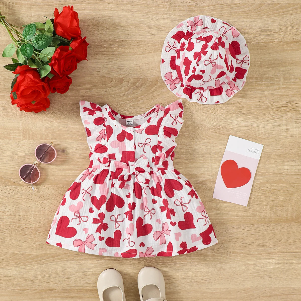2PCS Dress Clothes Set Newborn Baby Girl Love Print Sleeveless Dress With Hat Summer Fashion Cute Wear for Infant Girl 0-9Months