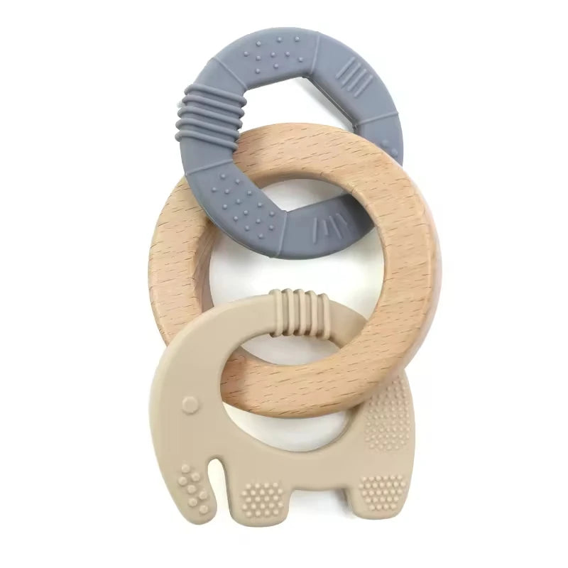 Baby Teething Toys Silicone Wooden Ring Teether BPA Free Cute Elephant Babies Chew Toy for Boys and Girls Newborn Gifts