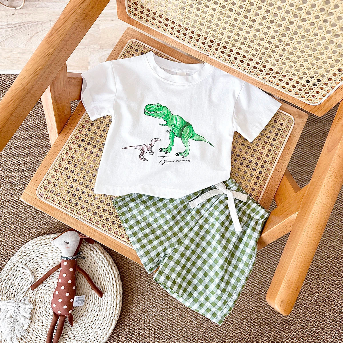 New Baby Clothes Set Infant Dinosaur Print Top+Grid Shorts Baby Boys Girls Casual Baby Set Newborn Summer Baby Clothes 2Pcs/Sets