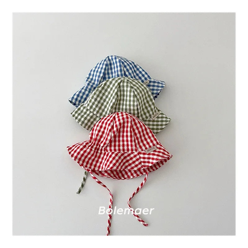 Wide Brim Summer Sun Hat For Baby Plaid Print Fisherman's Hat Children Cotton Bucket Cap For Boys Baby Girls Sunhat Kids Bonnet