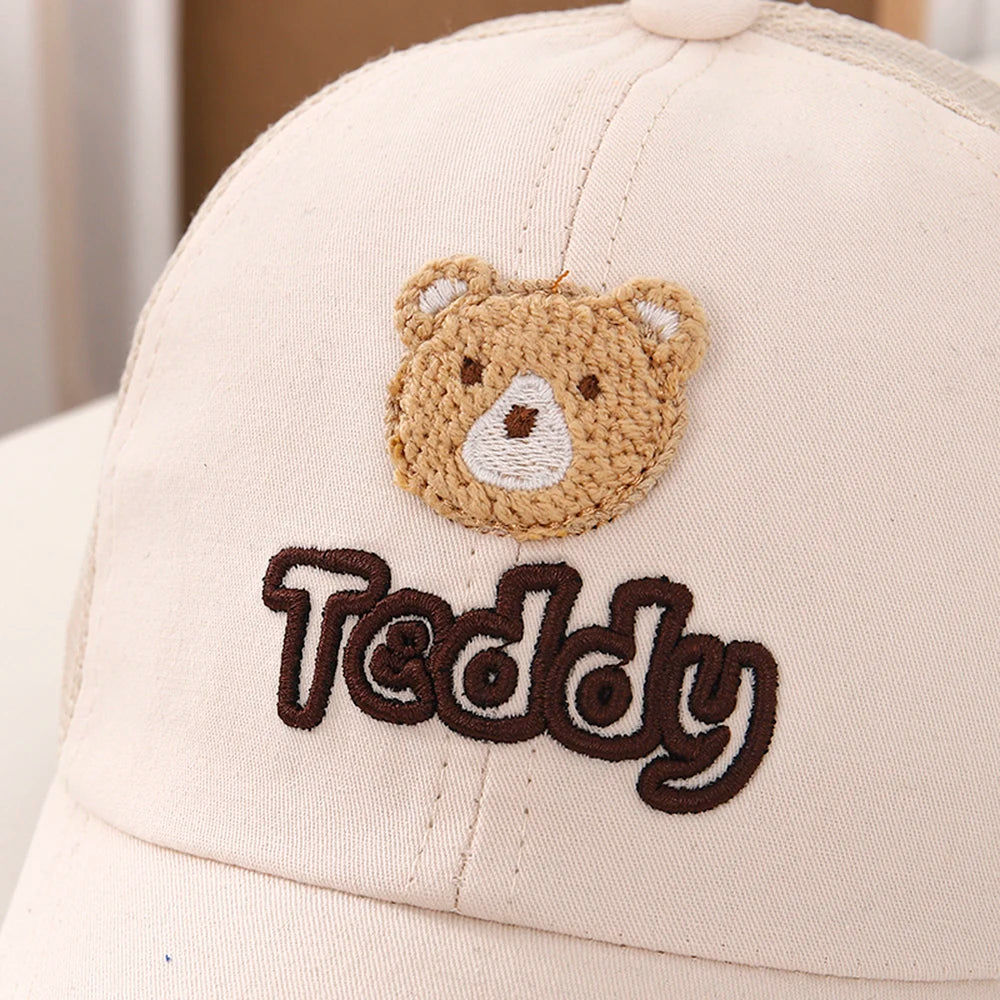 Kids Baseball Hat Mesh Breathable Cute Bear Embroidered Snapback Caps 1-6 Years Boys Girls Sunscreen Adjustable Peaked Cap