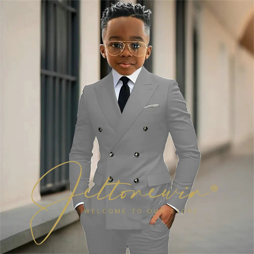Boy's Beige Suit Set Double Breasted Blazer Pants 2 Pieces Classic kids Wedding Tuxedos Children Party Suits outfits