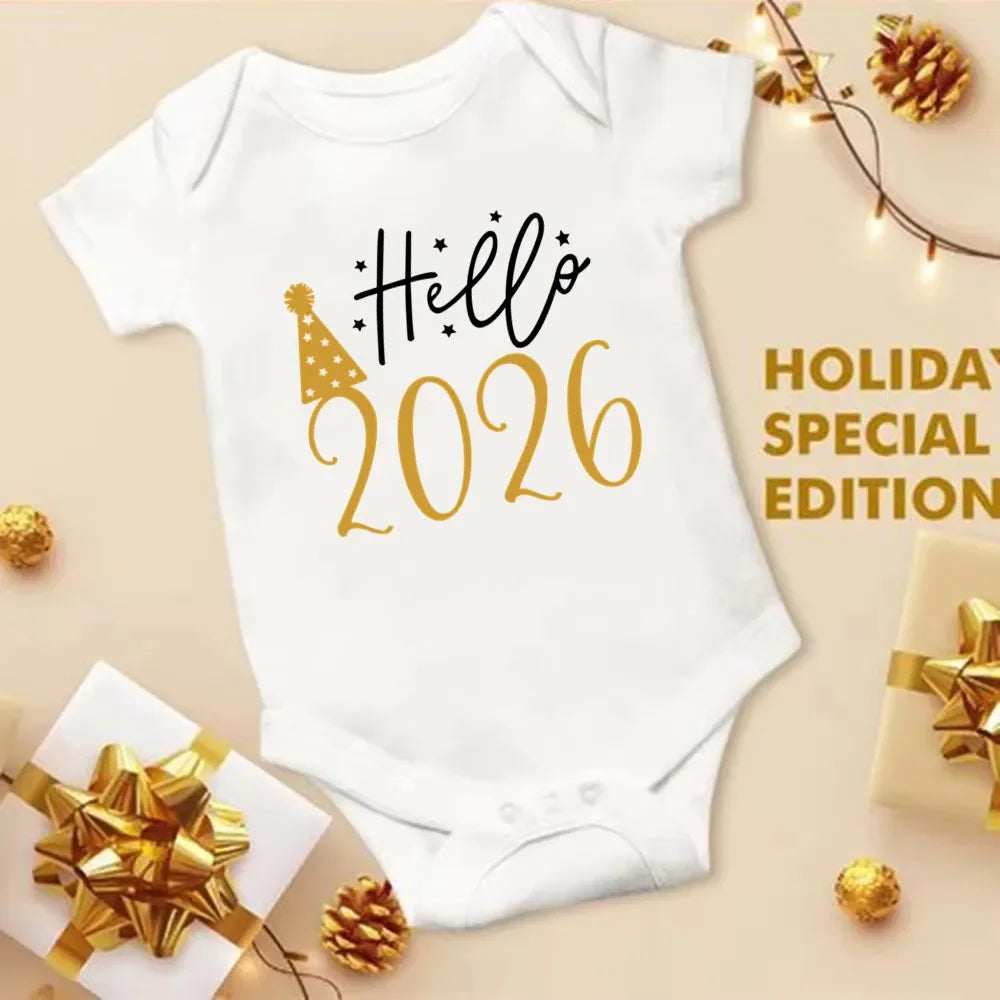 Hello 2026 Newborn Baby Bodysuit Cotton Short Sleeve Infant Rompers Body Baby Boys Girls New Year Ropa Clothes Christmas Gift