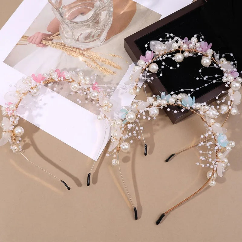 Elegant Children Pearl Headbands Women Bridal Wedding Headband Hair Headdress Flowers Bride Garland Head Hoop Hair Jewelry Gifts