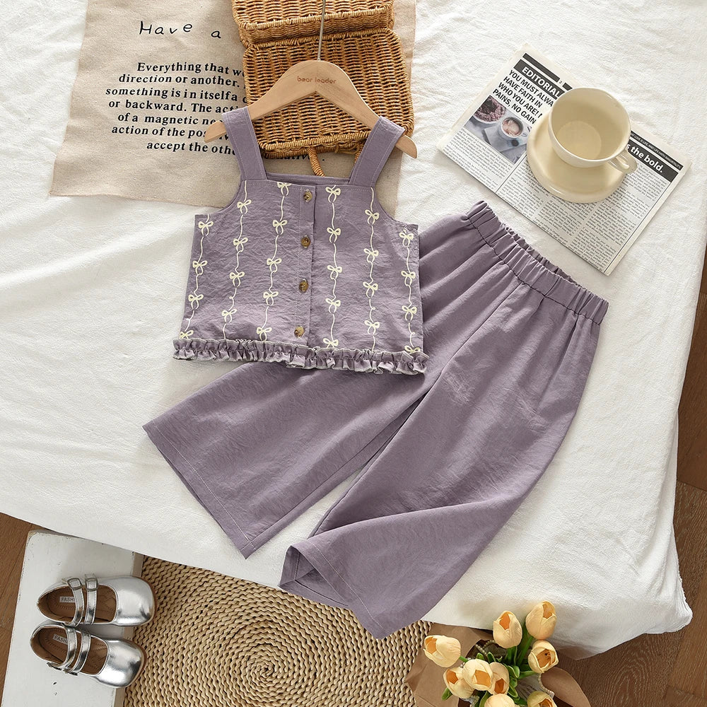 Summer New 2025 Baby Girls Suits Imitation Denim Bow Print Sleeveless Tops and Pants Two-piece Set Casual Children Clothing