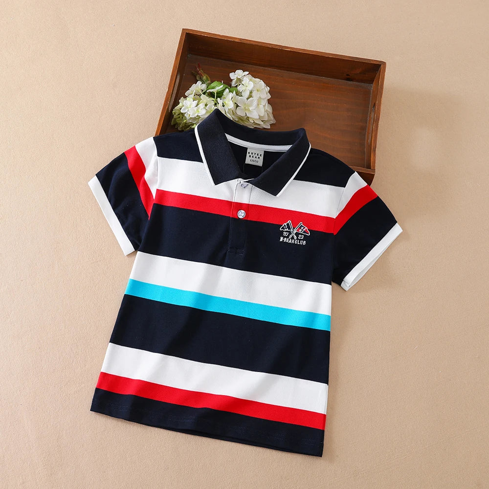 Boys' Casual Polo Top Striped Design Short Sleeve Breathable Cotton Blend Kids Shirt Children Summer Clothes