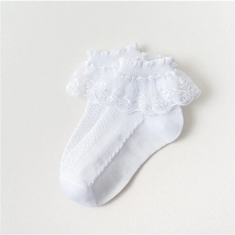 2Pairs Cotton Lace Ruffle Princess Mesh Breathable Socks Children Ankle Short Sock White Pink Blue Baby Girls Kids Toddler