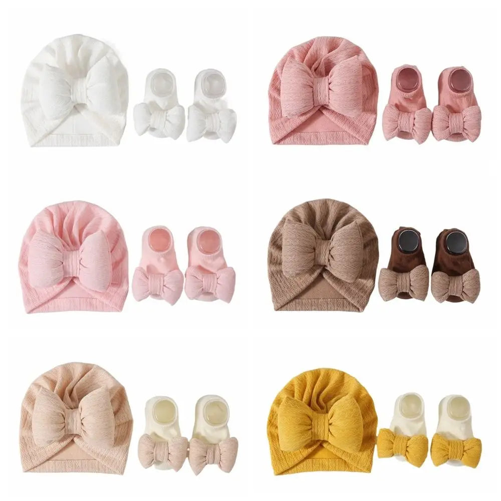 3Pcs/Set Soft Bow Baby Hat Socks Set Cotton Solid Color Baby Fetal Cap 0-12 Months Windproof Newborn Turban Hat Toddler