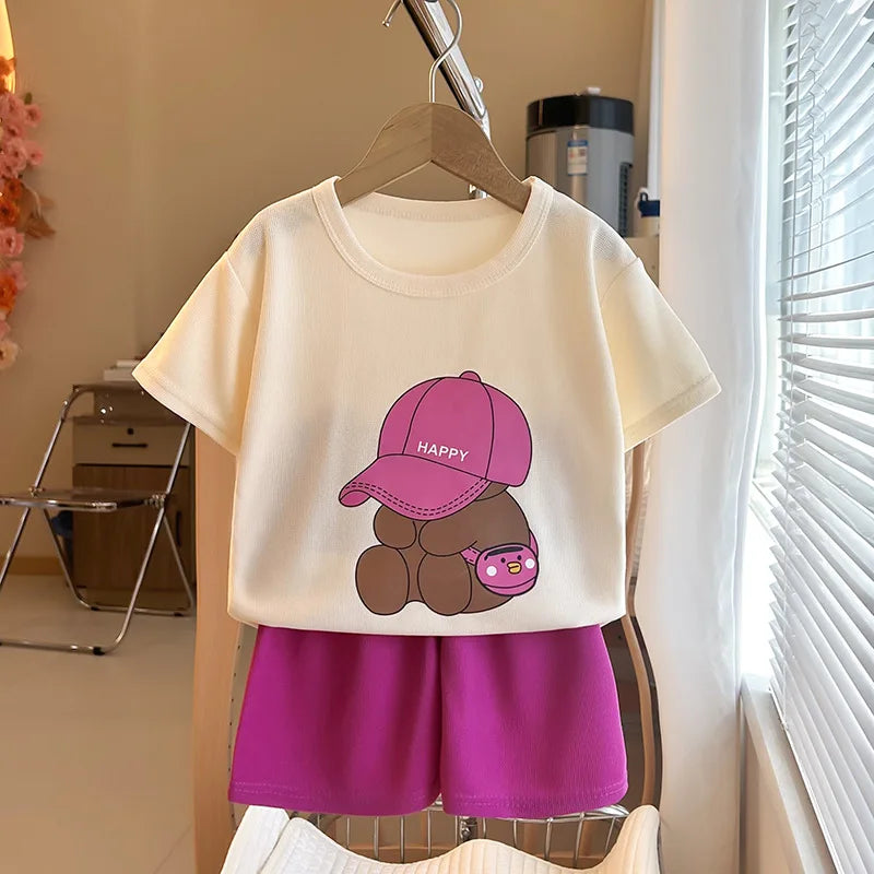 Summer 2025 Kids Clothes Children Short Sleeve Outfit Set Toddler Boys Girls Casual T-Shirt+Shorts Sports 2PCS Bear Clothing