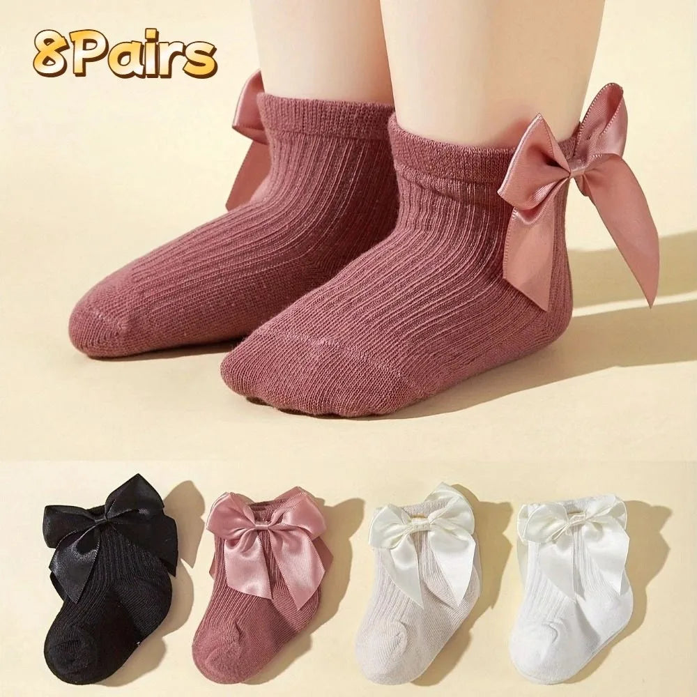 8Pairs Kawaii Bowknot Baby Cotton Socks Breathable Autumn Spring Toddle Short Tube Socks Cute Stripe Infant Solid Socks Gifts