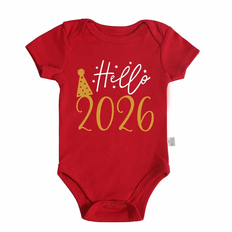 Hello 2026 Newborn Baby Bodysuit Cotton Short Sleeve Infant Rompers Body Baby Boys Girls New Year Ropa Clothes Christmas Gift