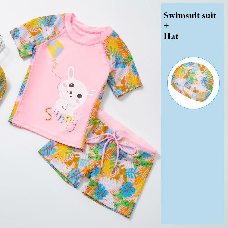 2025 Kids Boys Girls Swimwear Set Clothes Children Cartoon Print Separates Matching Summer Beach Vacation Outfit Casual Wear