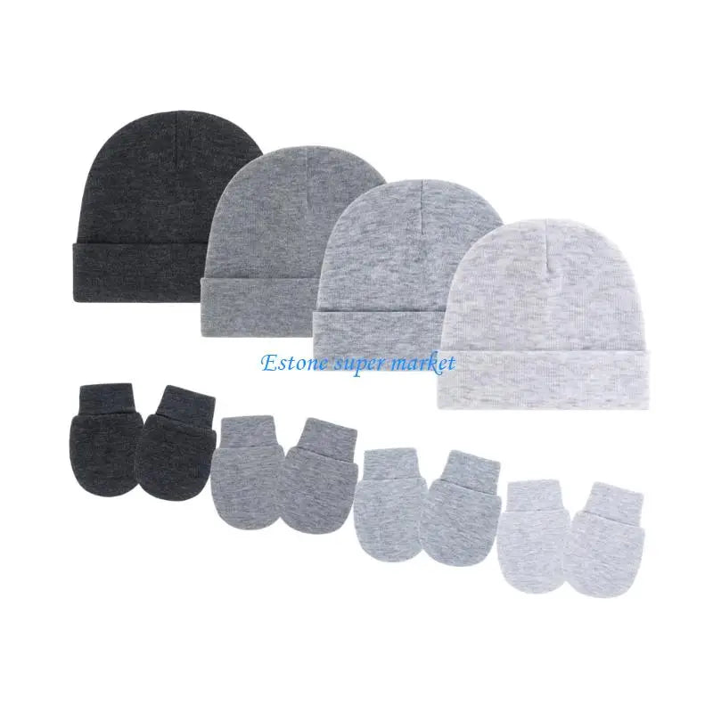 090B 4 Set Newborns Bonnet Cap and Mittens Machine Washable Baby Fetal Hat Gloves for 0 to 3 Month Soft Fabric Headgear