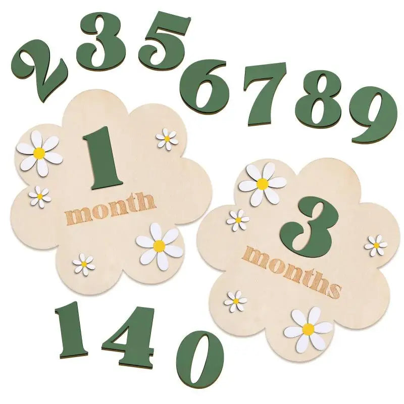 Z. Wooden Baby Monthly Milestone Cards Flowers Double Sides Number Month Girls Boys Newborn Photography Props Accessories